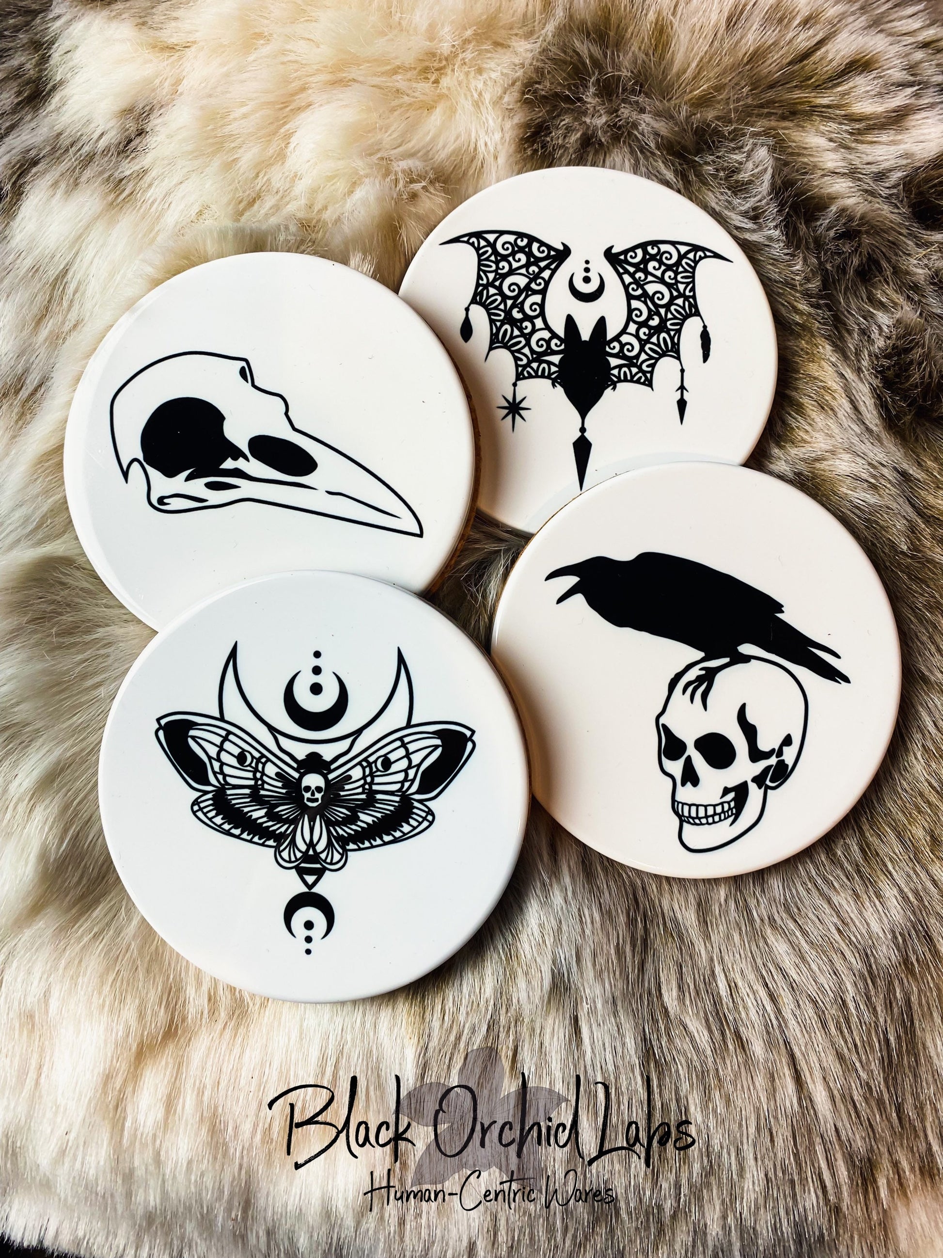 Dark Academia Set of 4 Ceramic Coasters, Skull witchy, furniture and decor, goth home decor