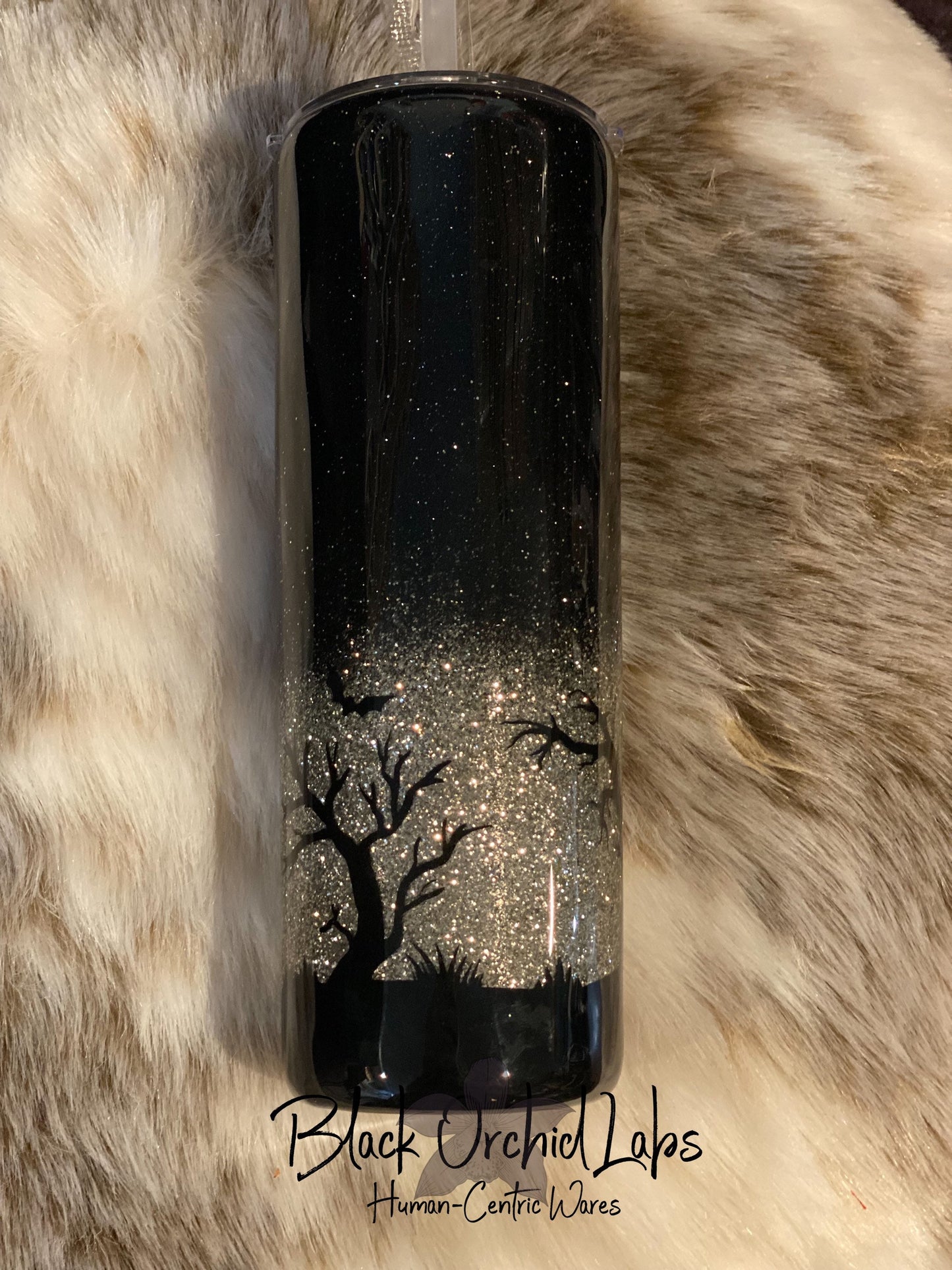 Haunted Forest Glitter Tumbler, Bat, Moon Travel Mug, Spooky Water Bottle, Halloween Gift, Elegant Gothic Traveler Mug