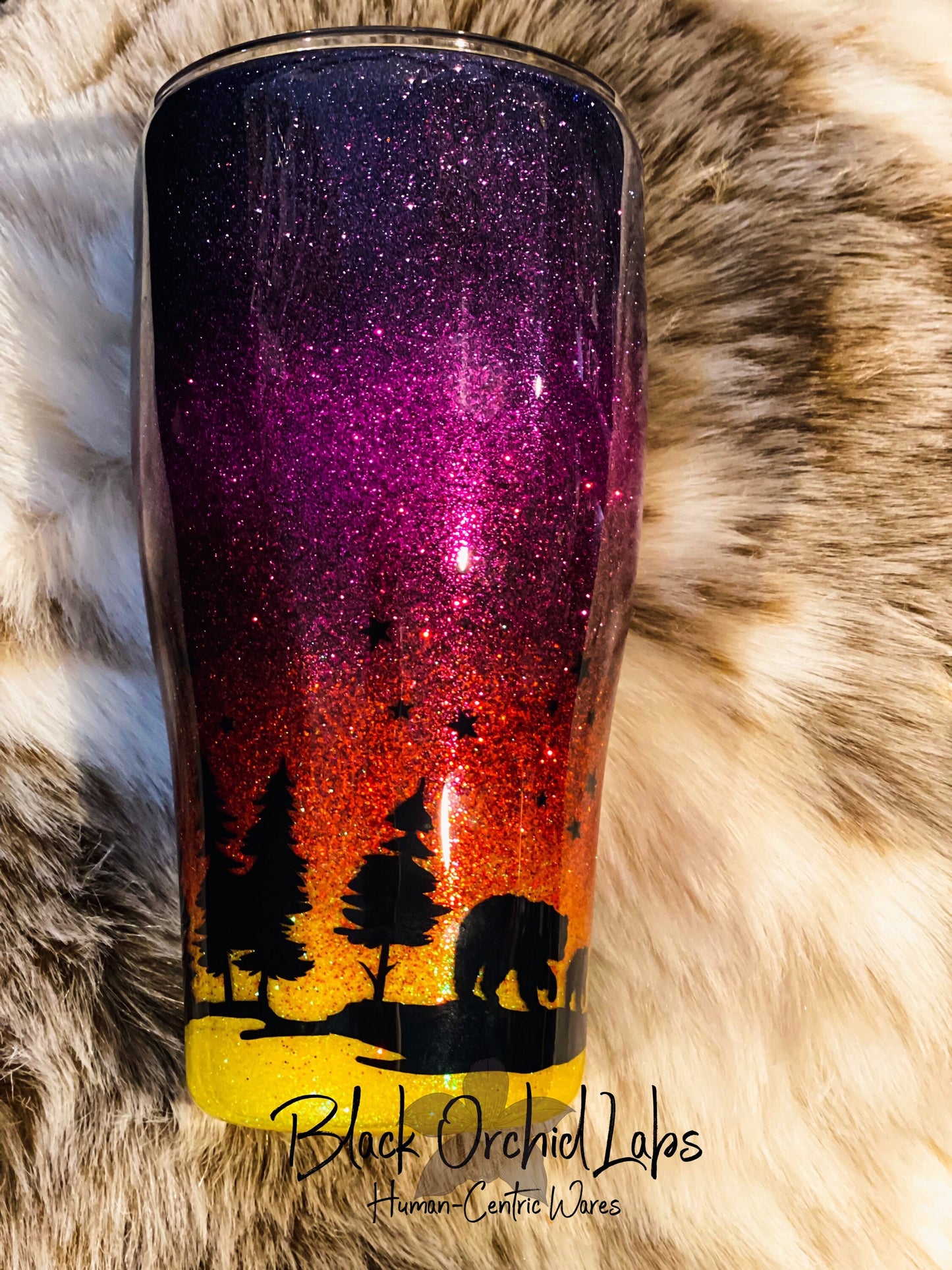 Bear Sunset Forest Water Bottle, Bear cub Tumbler, Sunset Travel Mug, Bear Inspired, Forest, Mountain, Outdoors