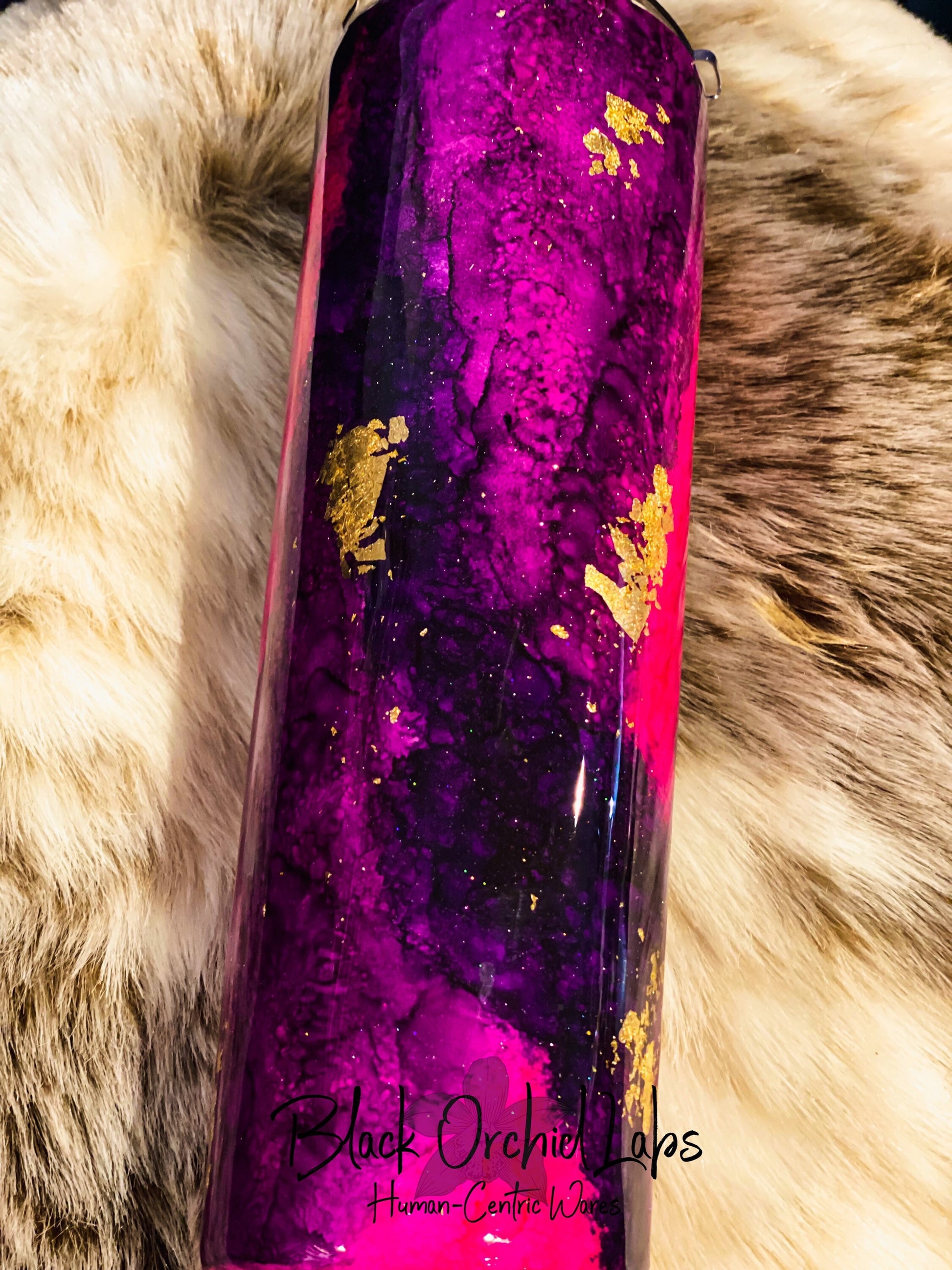 Hand Painted Glitter Tumbler, Watercolor Travel Mug, Artistic Water Bottle, Functional Art, Gift for Artist, purple, pink, gold flakes