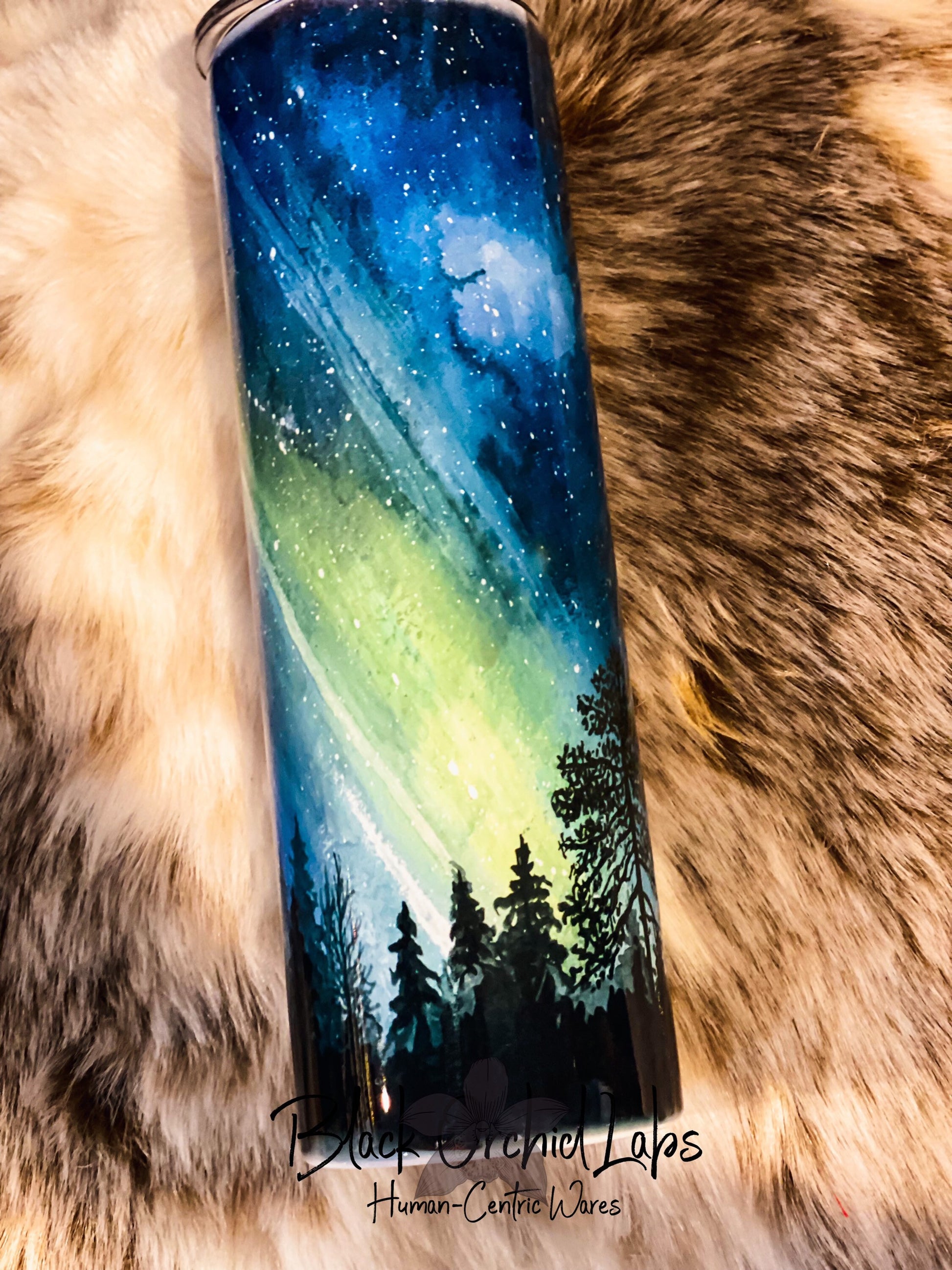 Northern Lights Tumbler, Night Forest Travel Mug, Night Sky Print Tumbler, Starry Night, celestial, minimalist, Nature, Camping