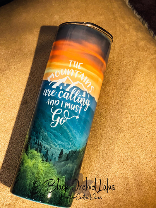 Mountain Sunset Tumbler, Mountain Forest Travel Mug, Mountains are Calling, Outdoors Tumbler, Hiker gift, climber, naturalist, minimalist