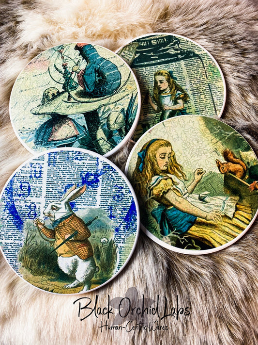 Alice in Wonderland Set of 4 Sandstone, Vintage Coasters, Furniture and Decor, cottagecore, alice in wonderland decor, gift for her