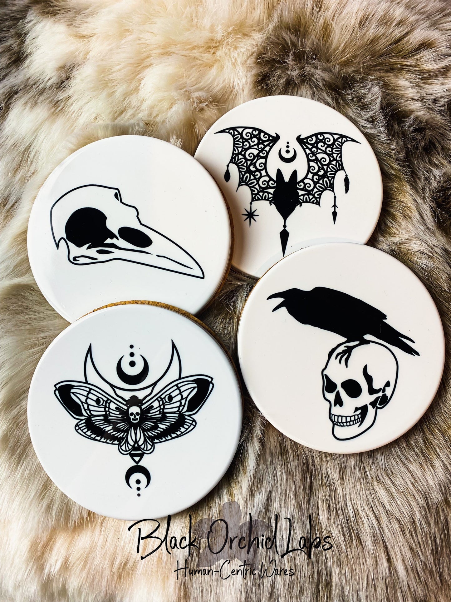 Dark Academia Set of 4 Ceramic Coasters, Skull witchy, furniture and decor, goth home decor