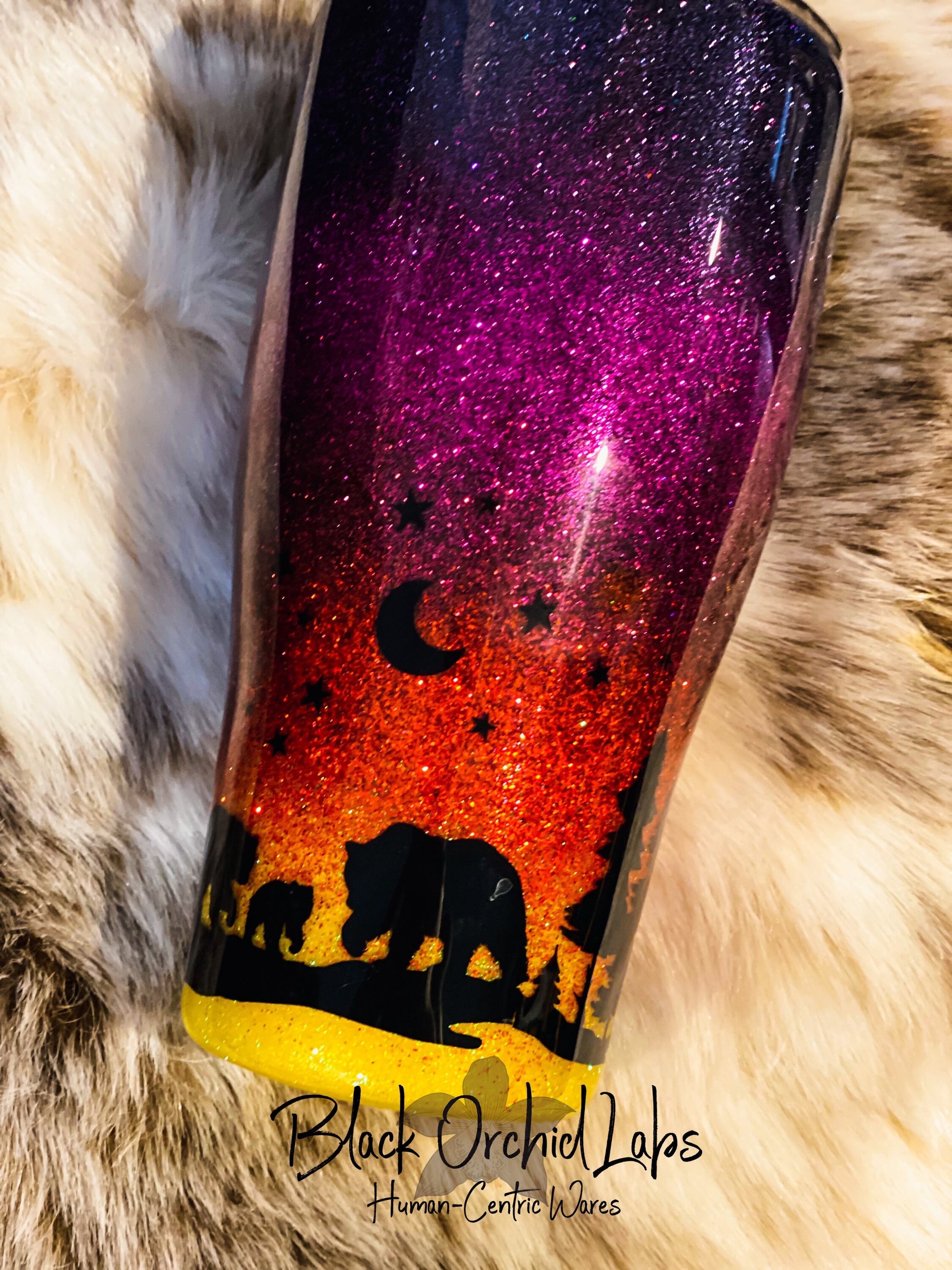 Bear Sunset Forest Water Bottle, Bear cub Tumbler, Sunset Travel Mug, Bear Inspired, Forest, Mountain, Outdoors