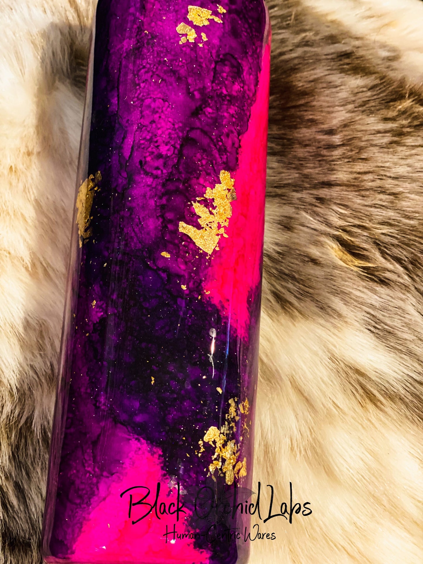Hand Painted Glitter Tumbler, Watercolor Travel Mug, Artistic Water Bottle, Functional Art, Gift for Artist, purple, pink, gold flakes
