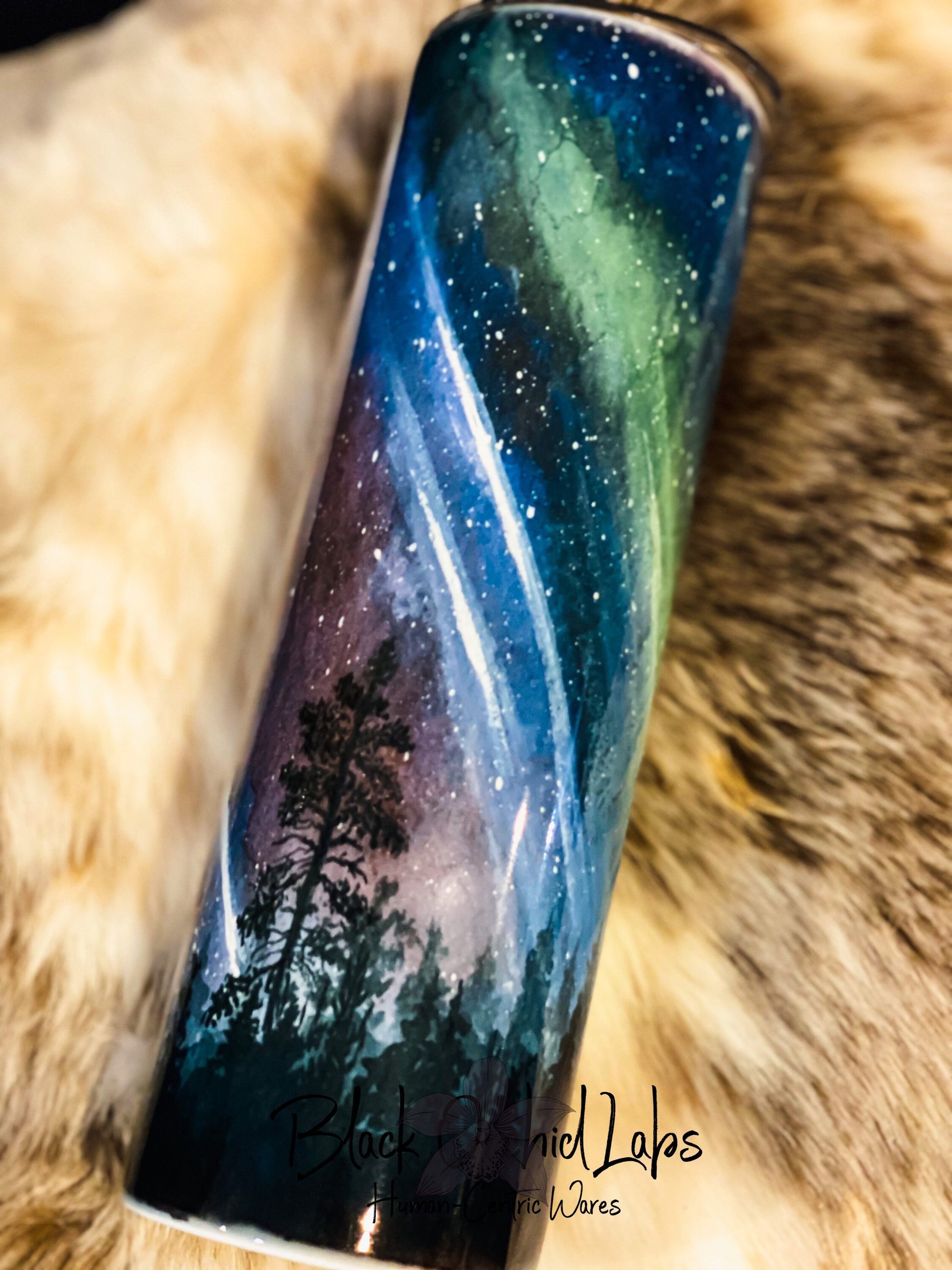 Northern Lights Tumbler, Night Forest Travel Mug, Night Sky Print Tumbler, Starry Night, celestial, minimalist, Nature, Camping