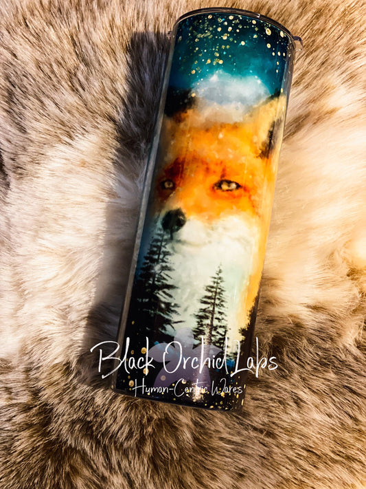 Fox Moon Printed Tumbler, Red Fox Travel Mug, Night Forest Tumbler, Fox , Mountain scene, Fox Lover Gift
