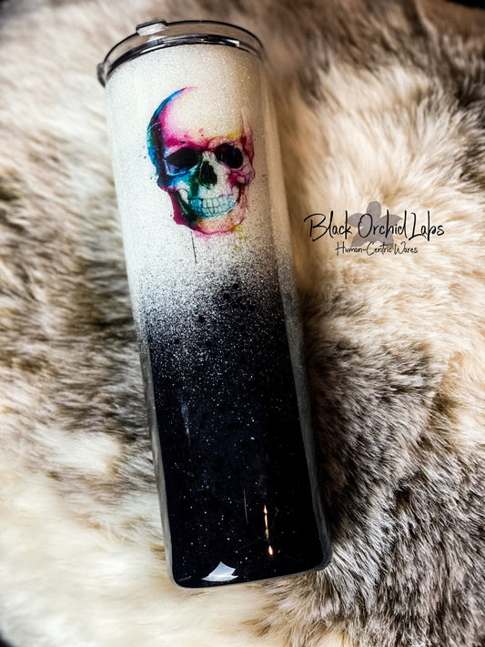 Black and White Glitter Ombre, Watercolor Skull Tumbler, Skull travel Mug, Anatomy Gift, Skull Water Bottle, Goth, Steampunk, Hipster