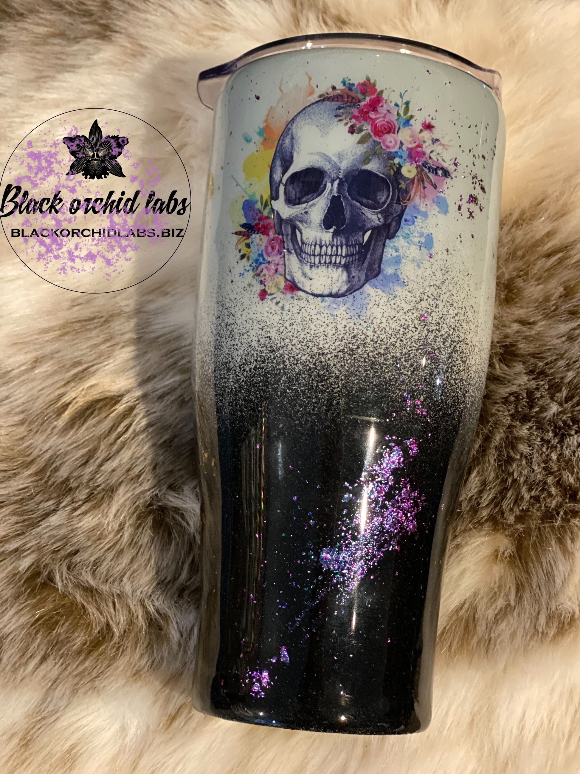 Gray and Black Glitter Ombre Floral Skull Tumbler, Skull Travel mug, Decorative Floral Skull Water Bottle, Goth, Steampunk, Hipster Gift