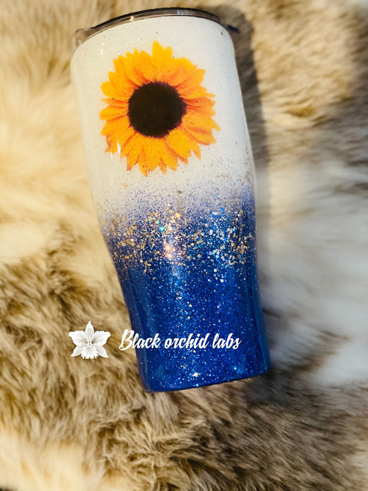 Sunflower Glitter Ombre Tumbler, Flower Lover, Blue and White Ombré, Sunflower Country, Nature Gift, Sunflower water bottle