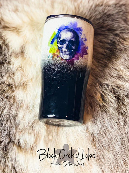 Black and White Glitter Ombre Painted Skull Tumbler, Punk Water Bottle, Gothic, Artistic, Anatomy Travel Mug, Punk, Goth, Hipster Gift