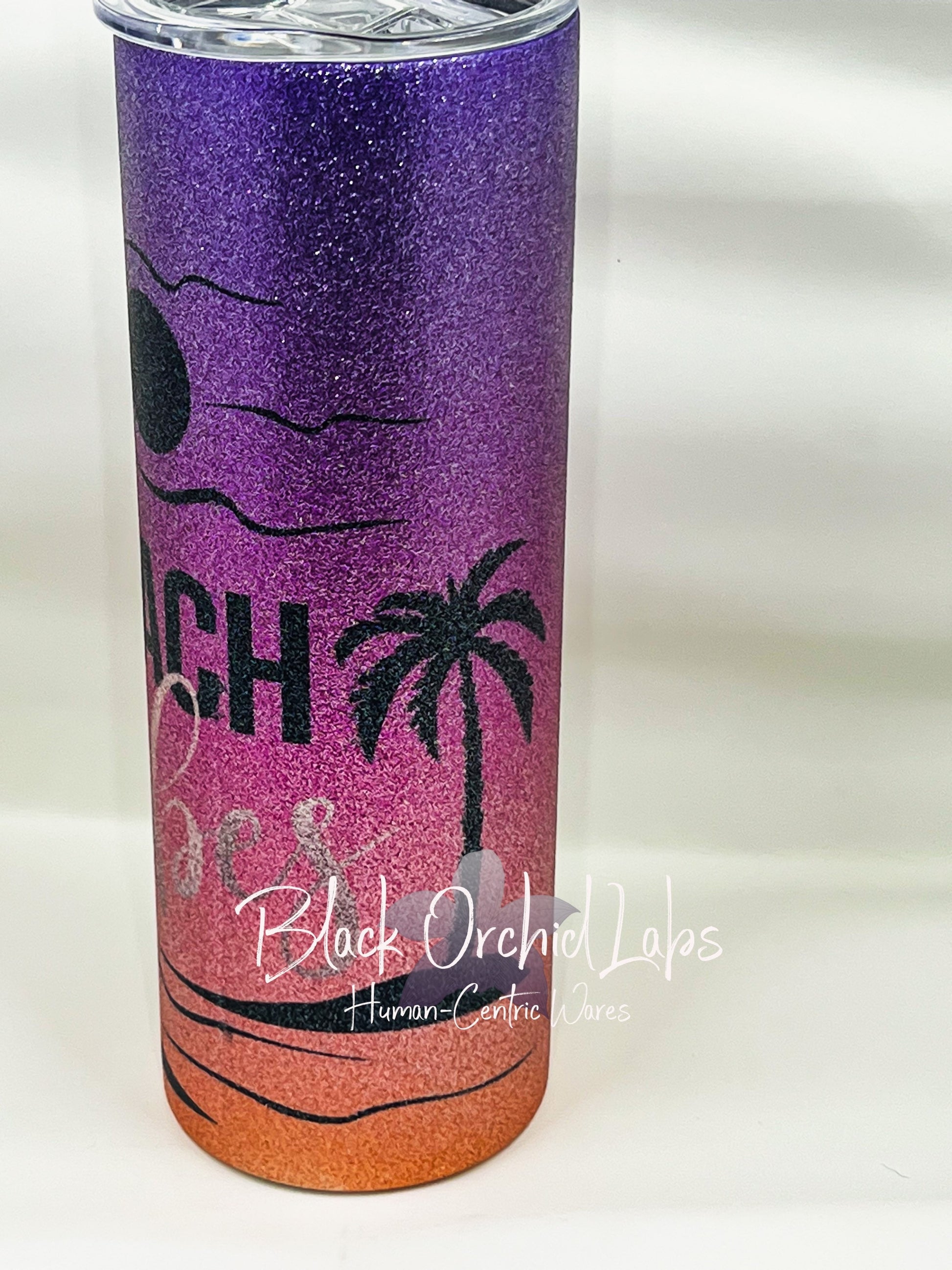 Beach Vibes glitter Tumbler, Palm tree Travel Mug, Beach water bottle, sunshine, beach vibes, vacation gift, souvenir