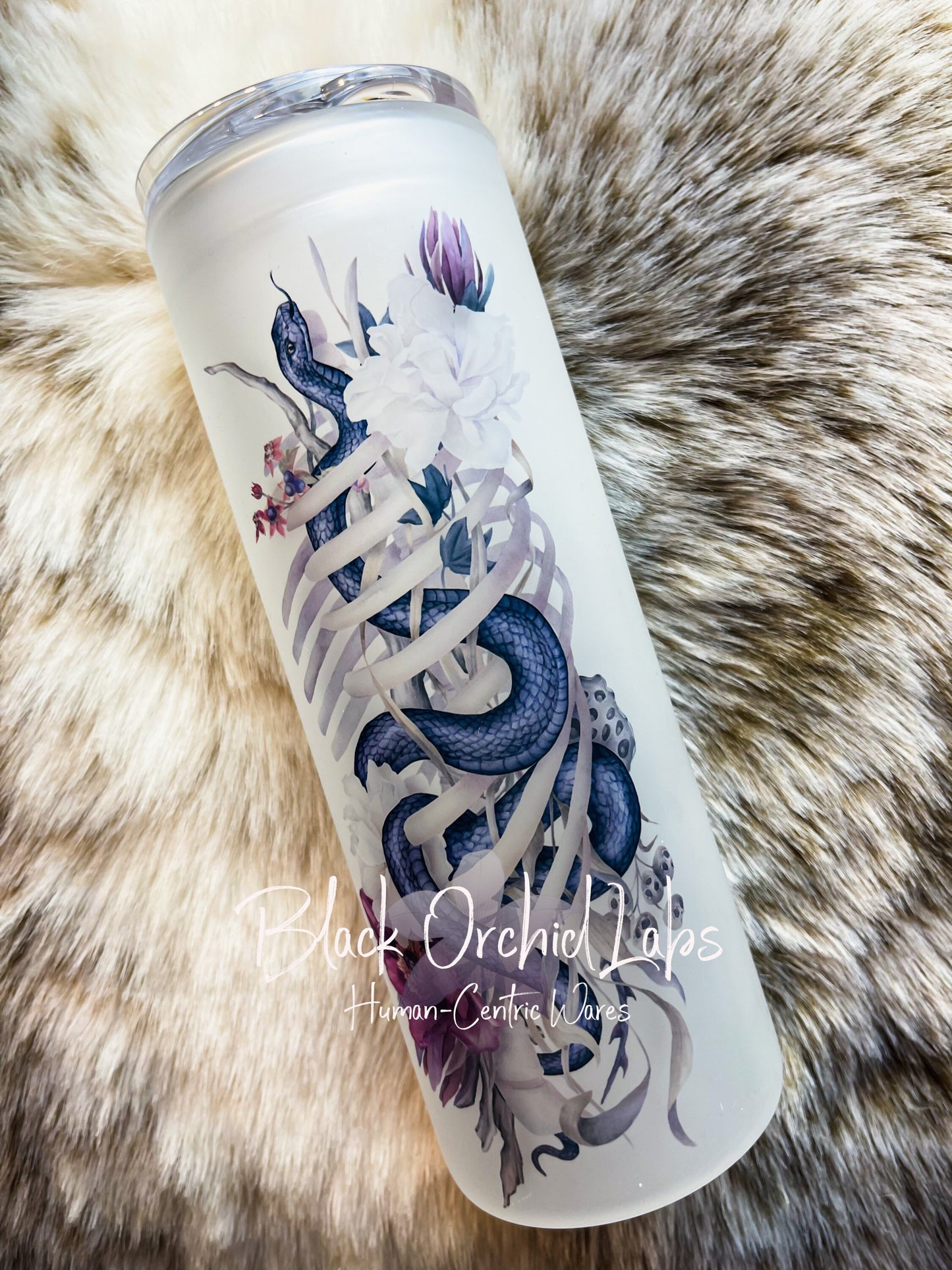 Cottagecore Snake floral glass Tumbler, Glass travel mug, stainless , Skeleton snake goth gift, dark beauty, goth gift, goth tumbler