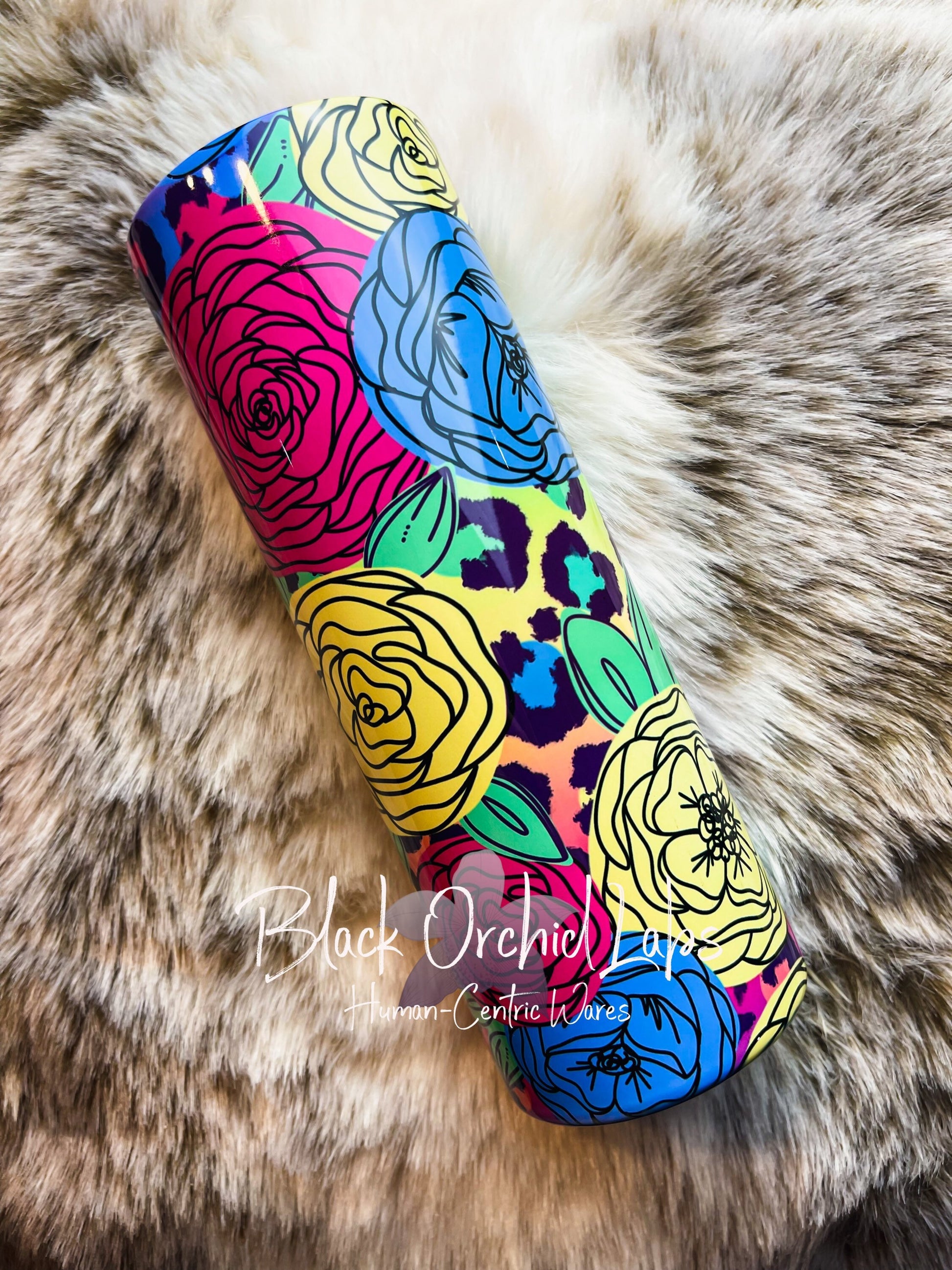 Neon floral Leopard Print Ombré Tumbler, Hand drawn floral, Colorful Cheetah Print Travel Mug, Animal Print Tumbler, gift for her