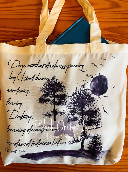 Edgar Allan Poe Tote bag, grocery bag, reader gift, Enchanted shopping tote, reusable, book bag, Raven, Poe, dark gothic