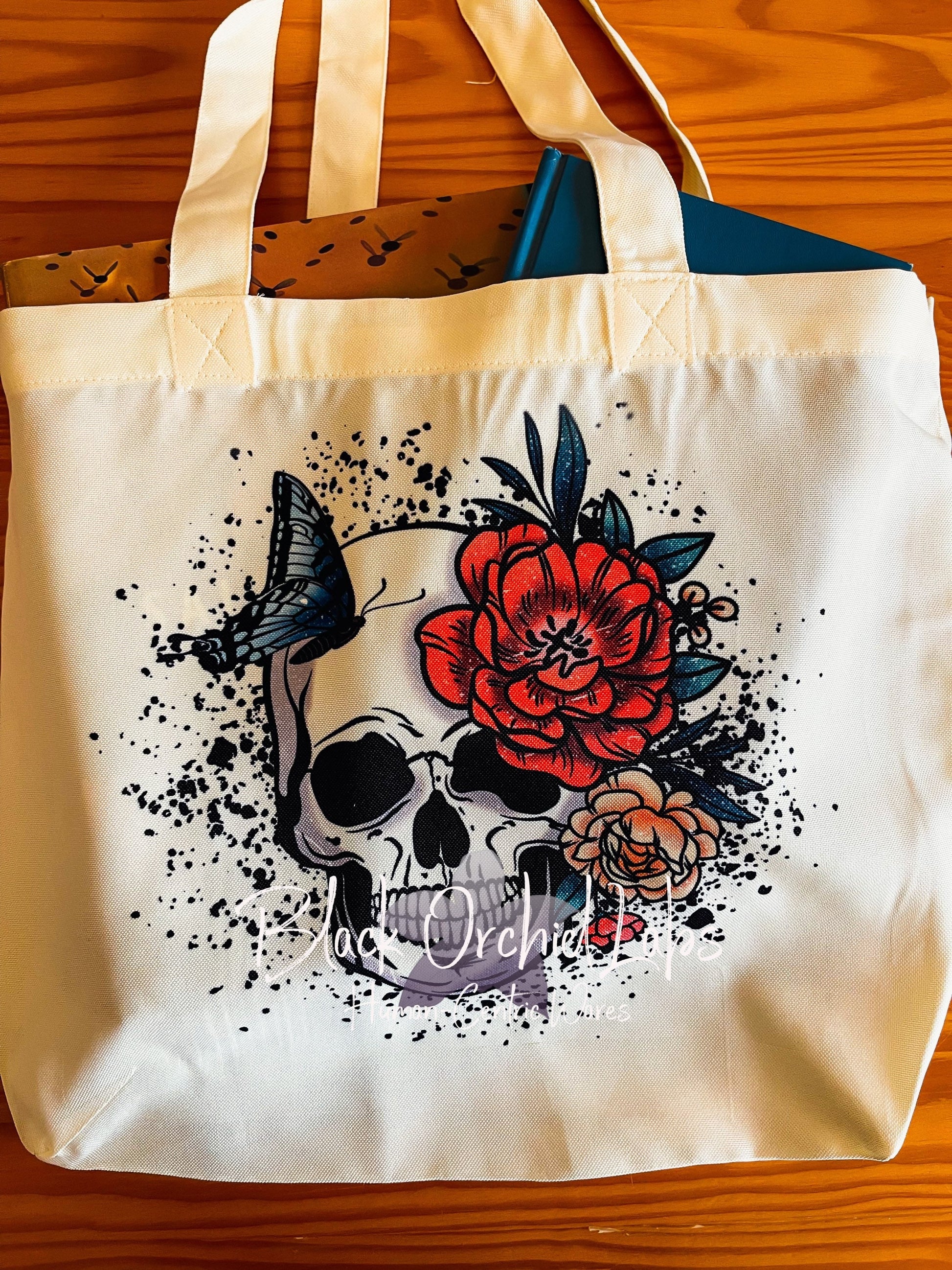 Skull butterfly Tote bag, grocery bag, reader gift, Enchanted shopping tote, reusable, book bag, Skull, dark gothic, floral goth