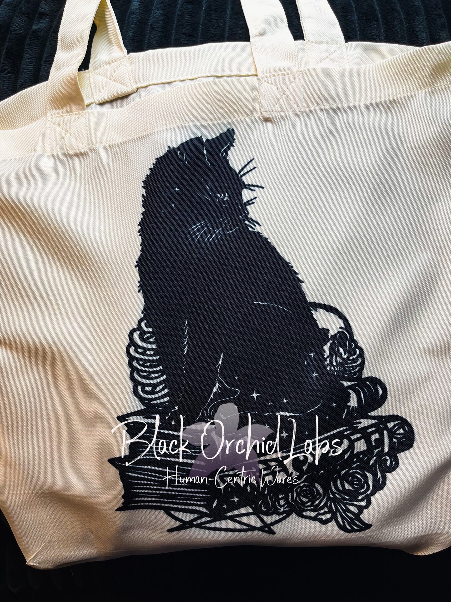 Black Cat goth Tote bag, grocery bag, reader gift, Enchanted shopping tote, reusable, book bag, Skull, dark gothic, skull goth