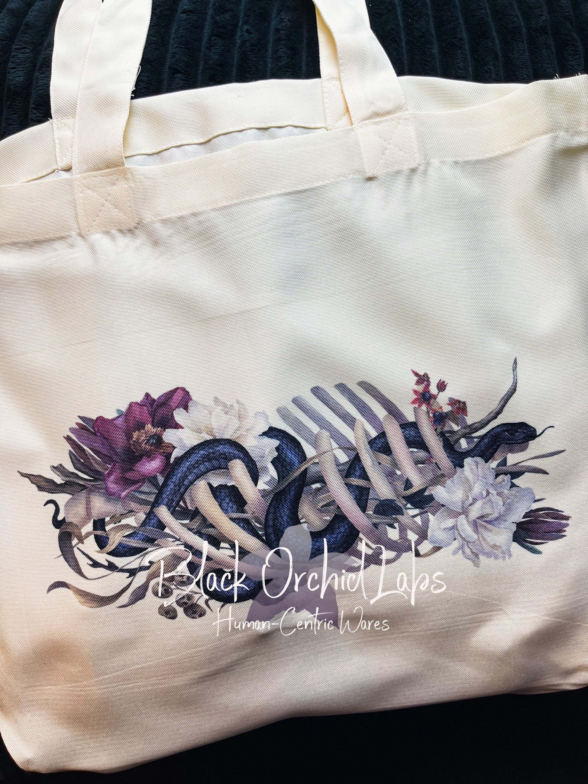 Dark beauty Tote bag, grocery bag, reader gift, Floral skeleton shopping tote, reusable, book bag, Skull, dark gothic, floral goth, snake