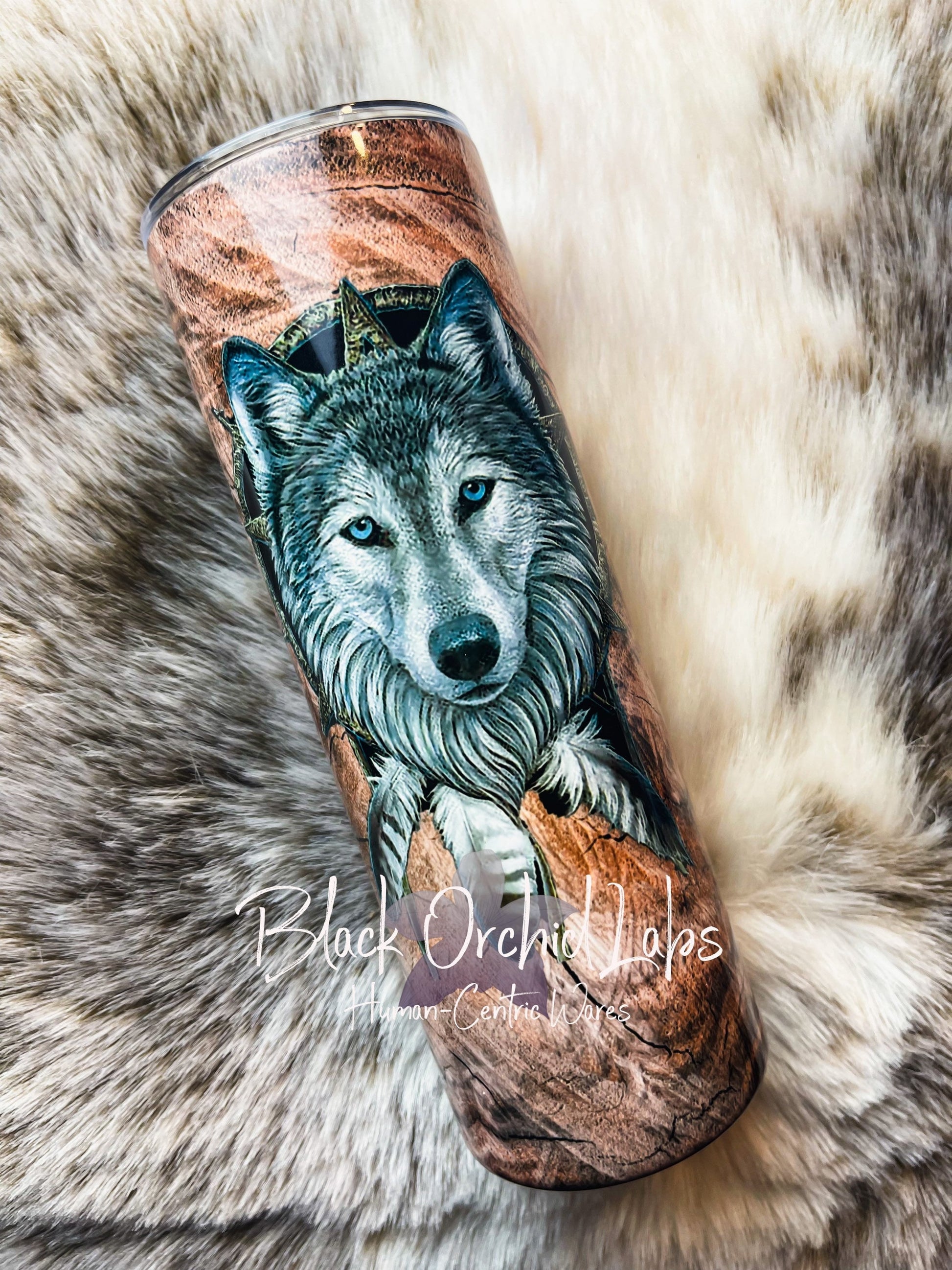 Wolf Dreamcatcher Tumbler, Wolves Travel Mug, Howling Wolves Tumbler, Moon, Native American, Wolf Lover Gift, naturalist, minimalist