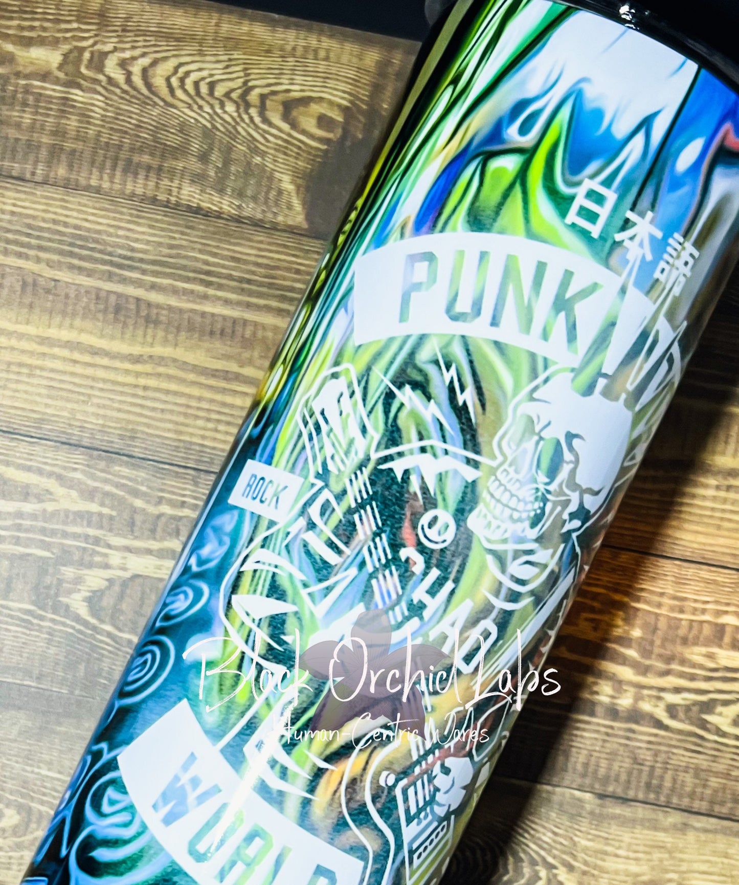 Punk Skater Skull Goth Tumbler, Goth Travel mug, neon, graffiti art, gift for him