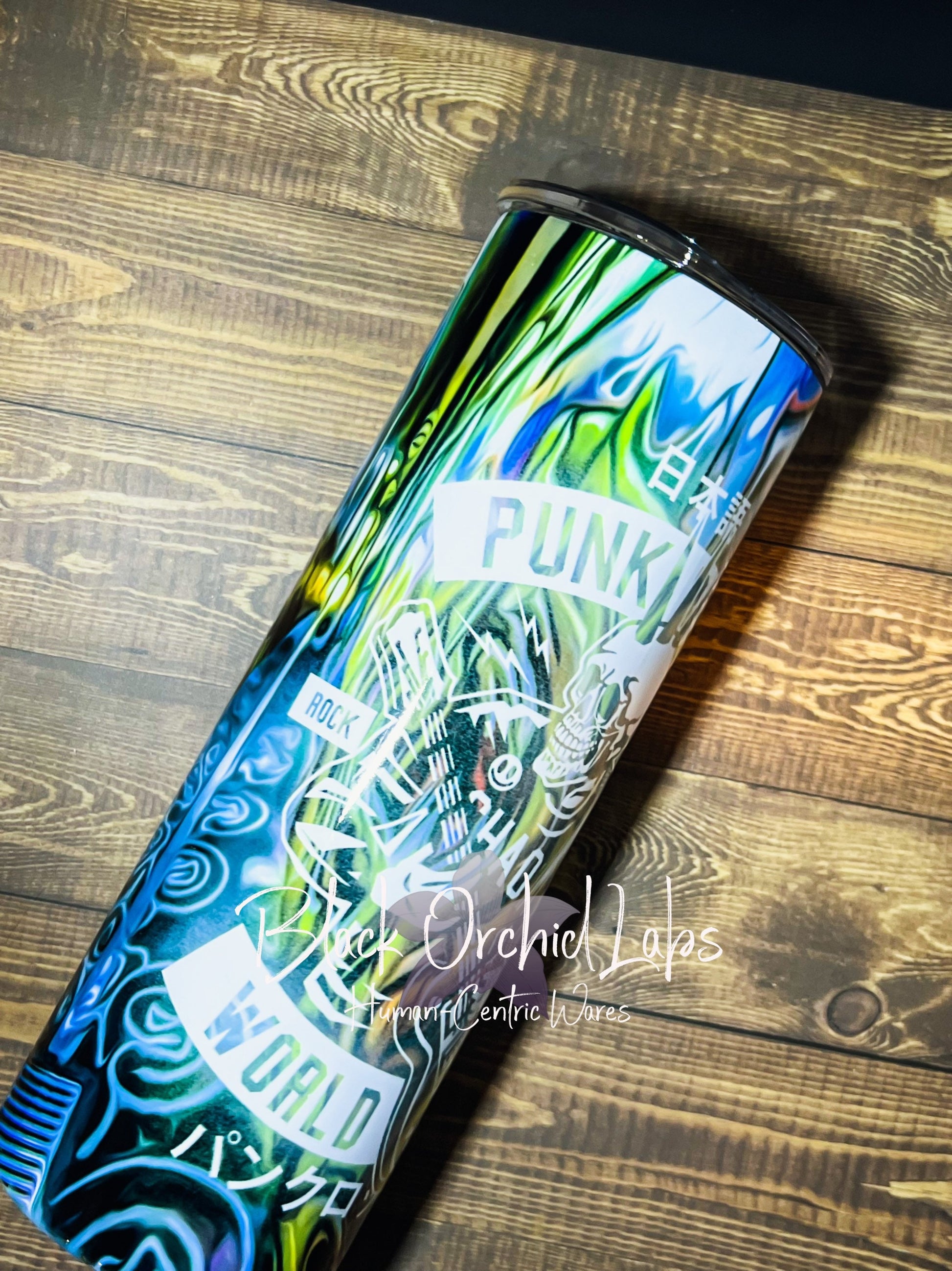 Punk Skater Skull Goth Tumbler, Goth Travel mug, neon, graffiti art, gift for him