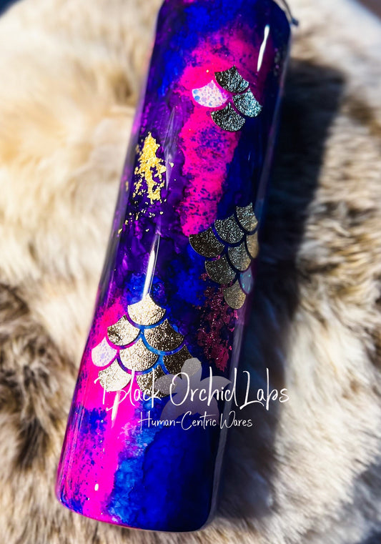 Mermaid hand Painted Glitter Tumbler, Watercolor Travel Mug, Artistic Water Bottle, Functional Art, purple, pink, gold flakes