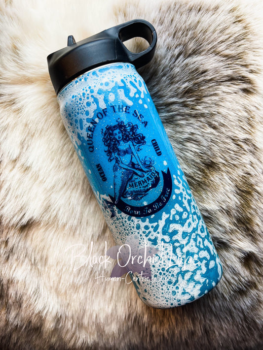 Mermaid tattoo Glitter Tumbler, Watercolor Travel Mug, Artistic Water Bottle, Functional Art, seascape