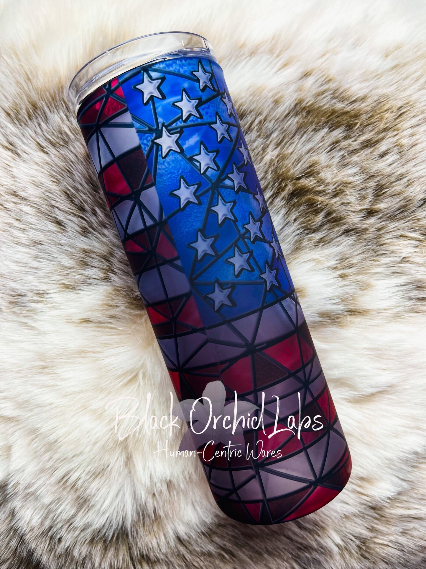 American Flag Stained Glass Tumbler, Glass travel mug, patriotic glass, Memorial Day, Veterans Day, Independence, Juneteenth, Proud American