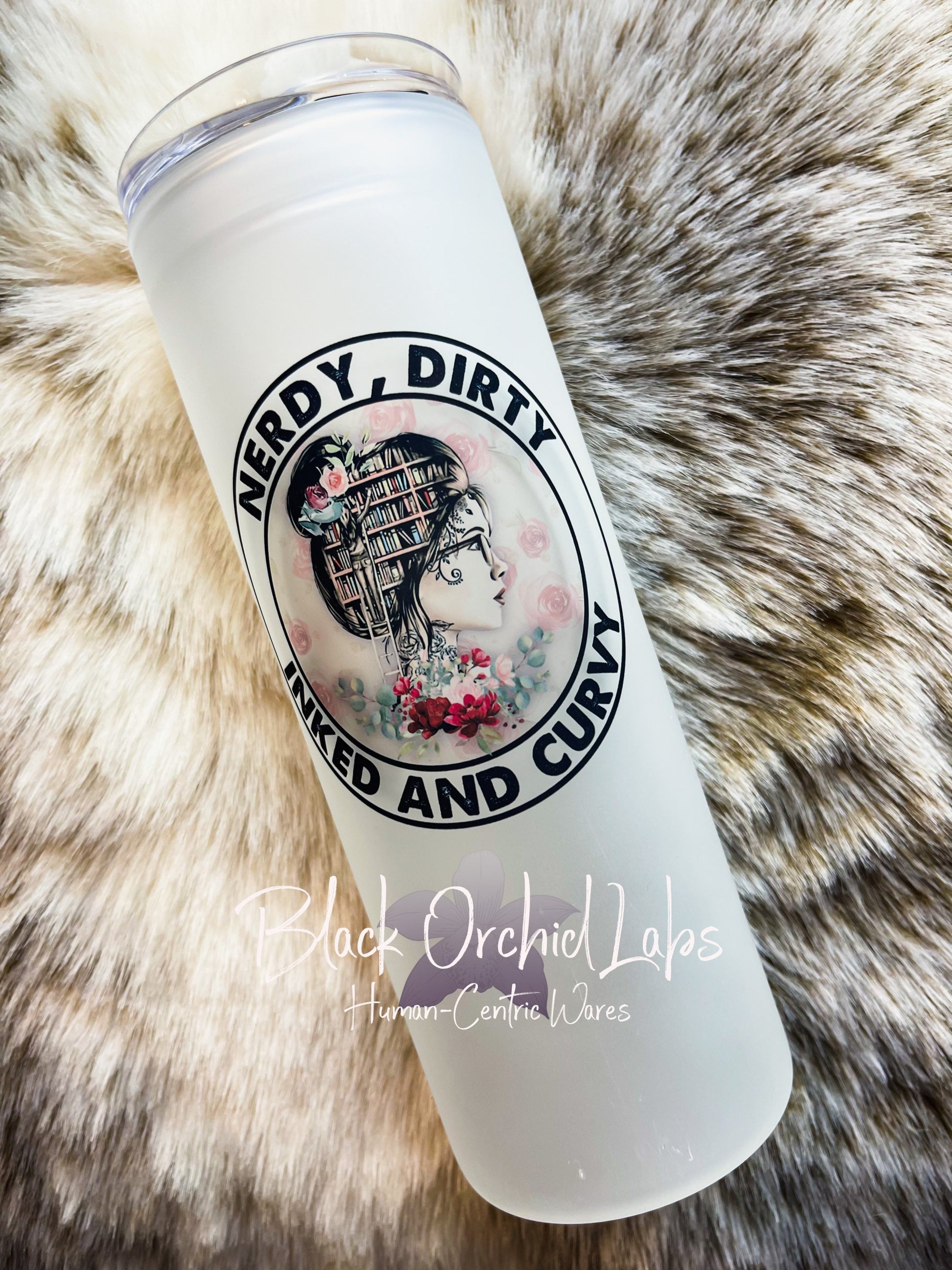 Reader, book lover, tattoo, glass Tumbler, Glass travel mug, matte frosted glass, nerdy travel mug, body positivity glass tumbler