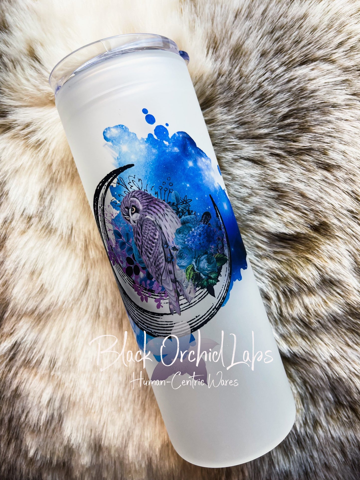 Owl moon watercolor glass Tumbler, Glass travel mug, matte frosted glass, plant lover travel mug, celestial glass tumbler, owl