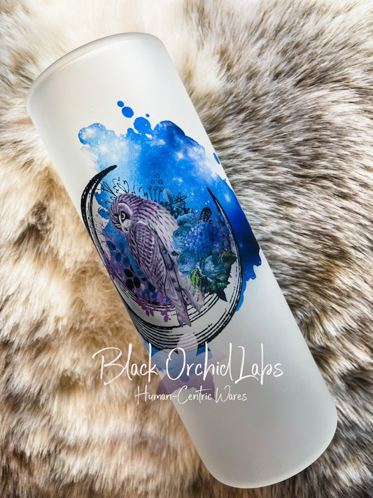 Owl moon watercolor glass Tumbler, Glass travel mug, matte frosted glass, plant lover travel mug, celestial glass tumbler, owl