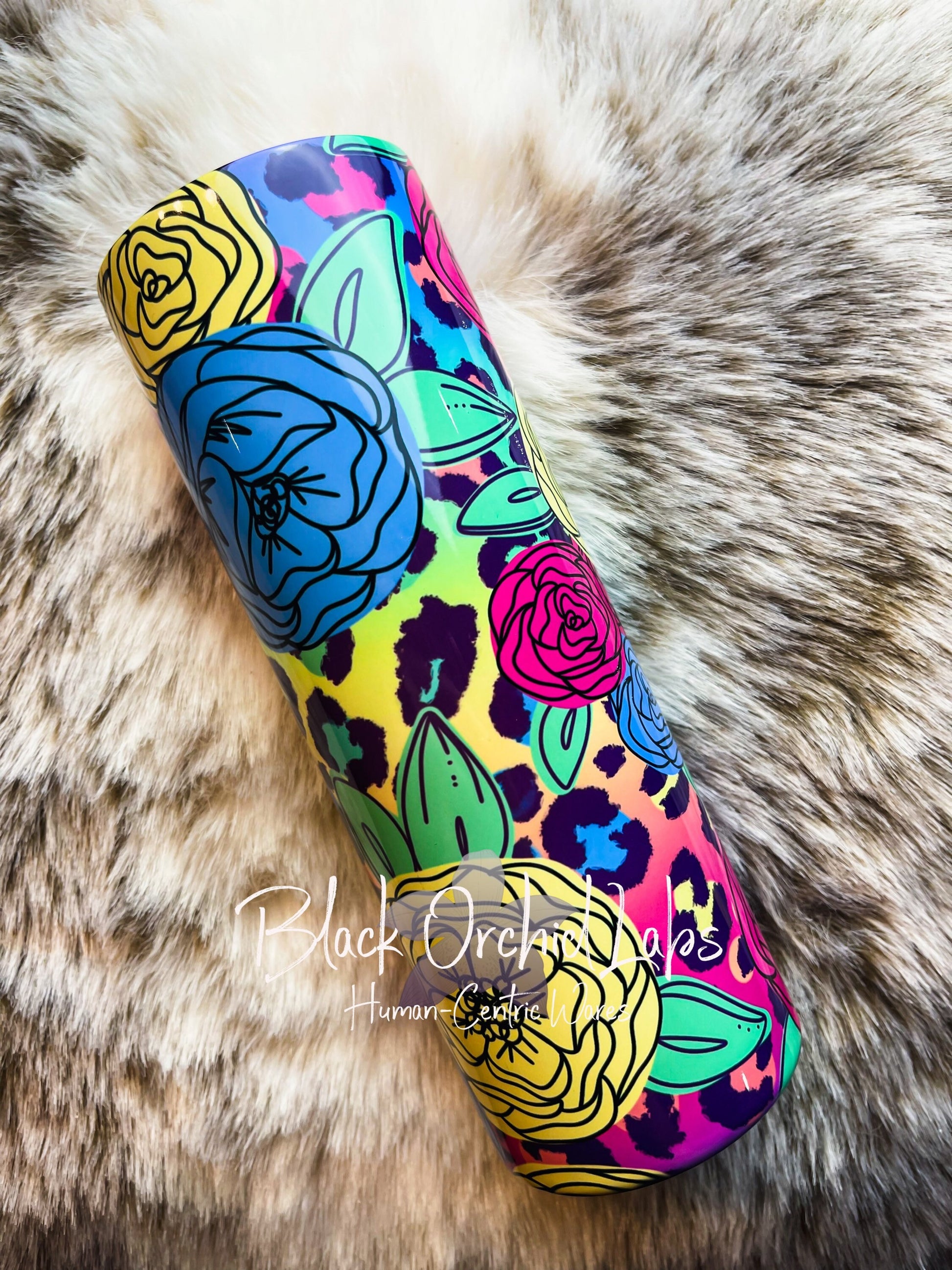 Neon floral Leopard Print Ombré Tumbler, Hand drawn floral, Colorful Cheetah Print Travel Mug, Animal Print Tumbler, gift for her