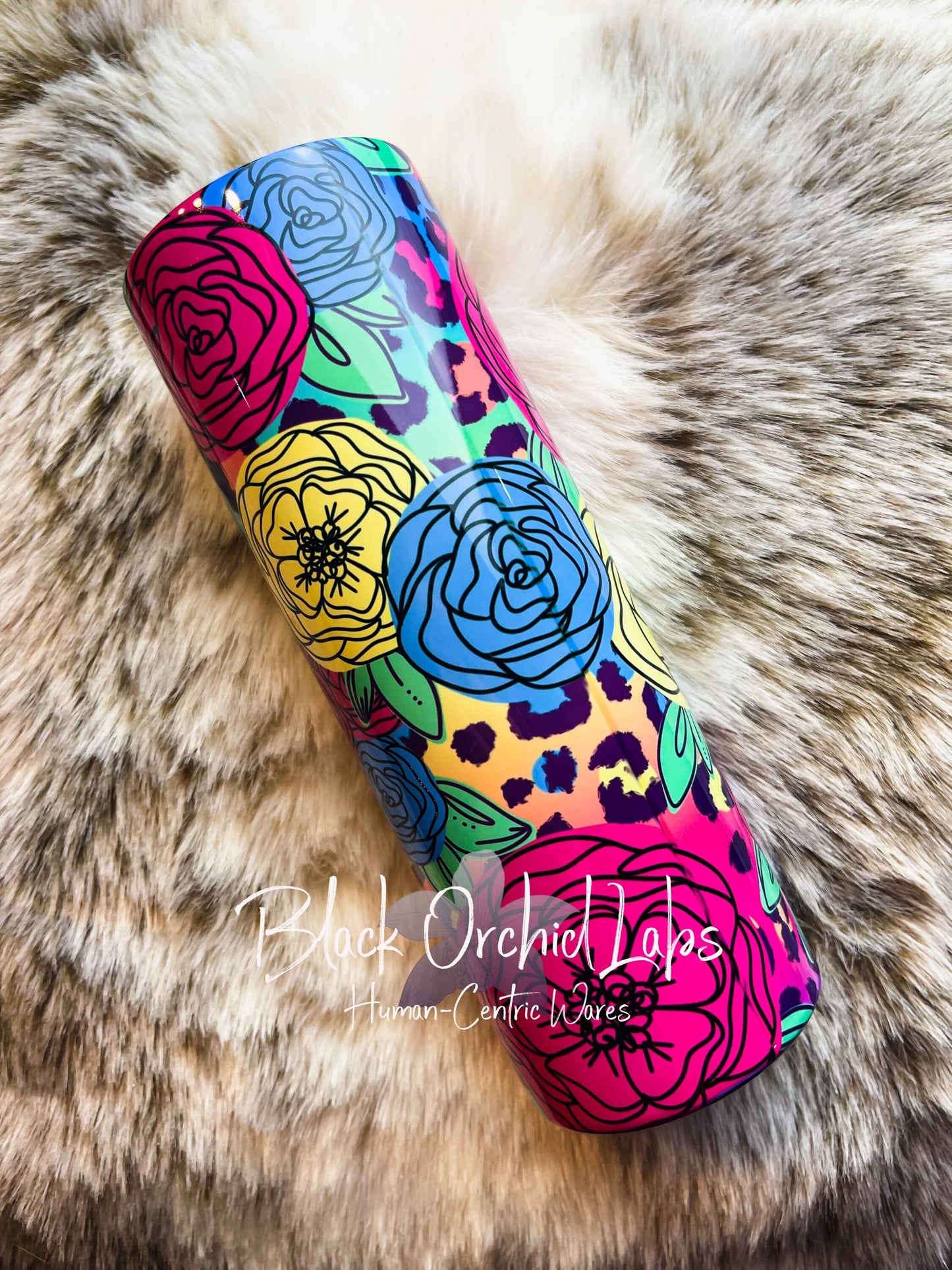 Neon floral Leopard Print Ombré Tumbler, Hand drawn floral, Colorful Cheetah Print Travel Mug, Animal Print Tumbler, gift for her