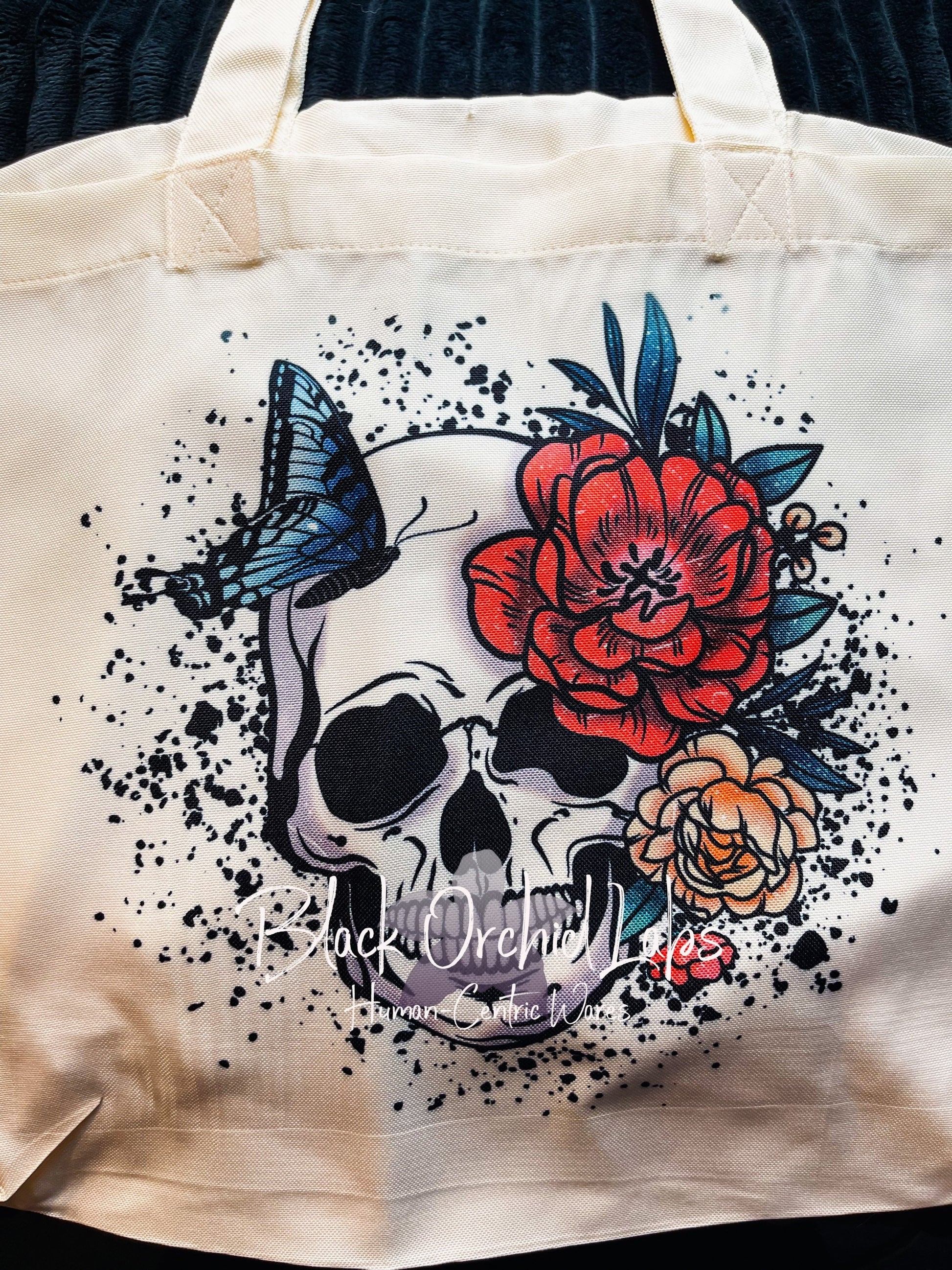 Skull butterfly Tote bag, grocery bag, reader gift, Enchanted shopping tote, reusable, book bag, Skull, dark gothic, floral goth