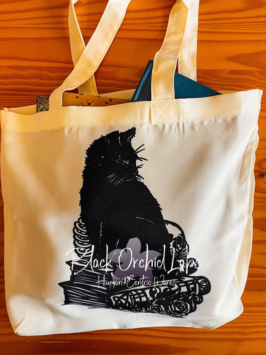 Black Cat goth Tote bag, grocery bag, reader gift, Enchanted shopping tote, reusable, book bag, Skull, dark gothic, skull goth