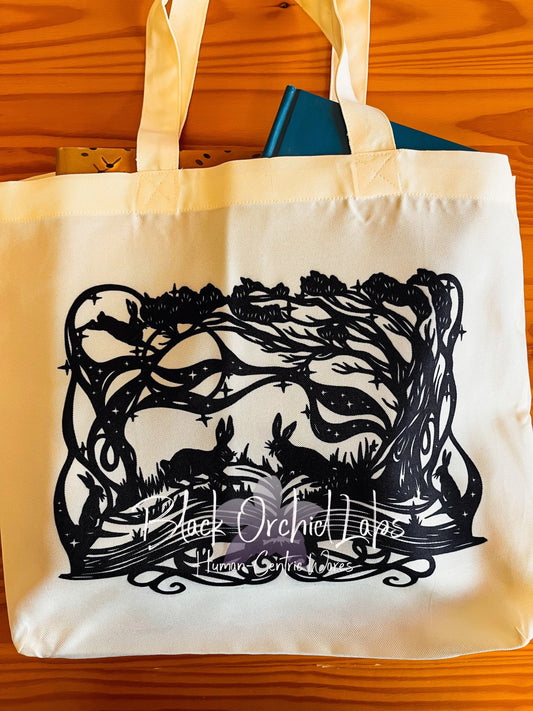 Dark Rabbit Tote bag, grocery bag, reader gift, Enchanted shopping tote, reusable, book bag, Reader dark gothic