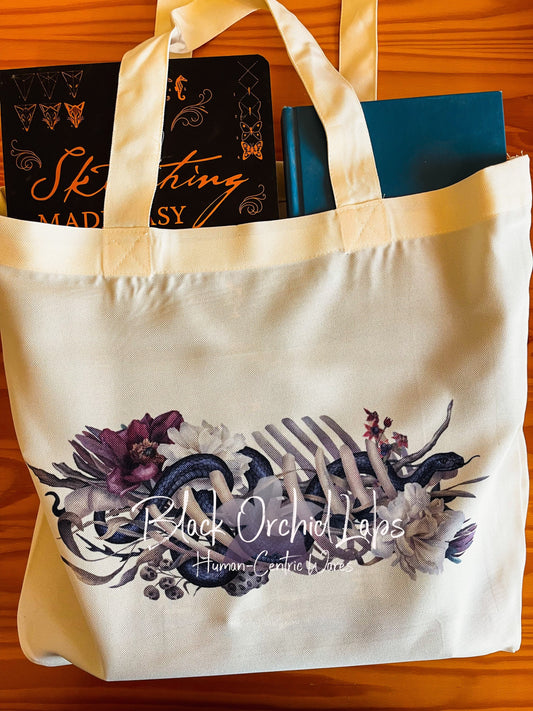 Dark beauty Tote bag, grocery bag, reader gift, Floral skeleton shopping tote, reusable, book bag, Skull, dark gothic, floral goth, snake
