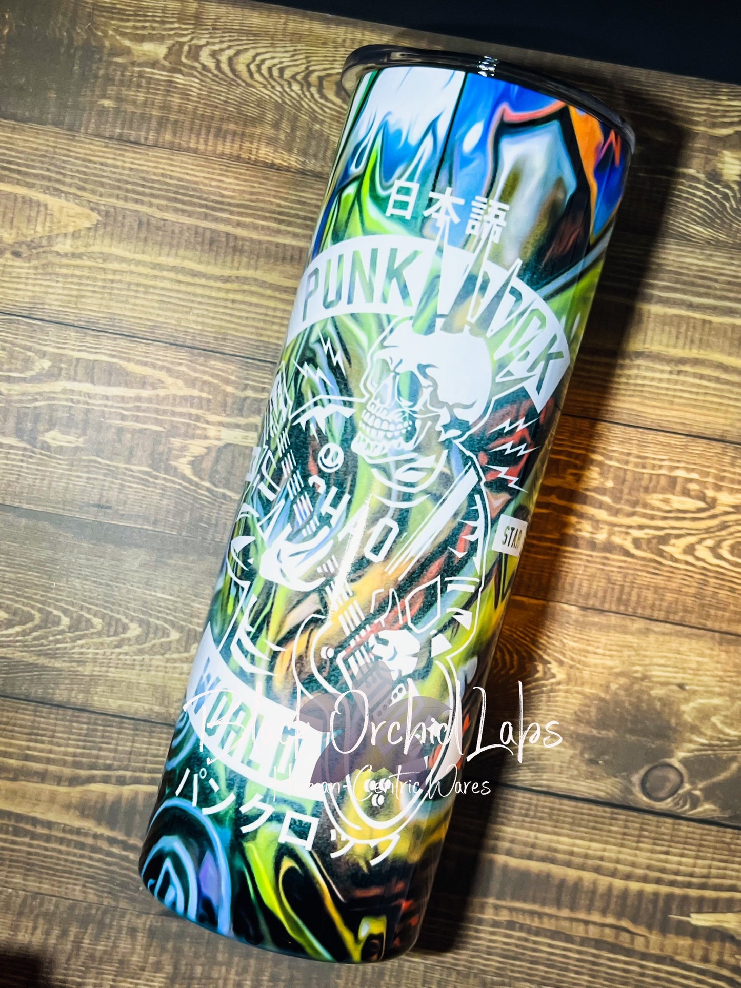 Punk Skater Skull Goth Tumbler, Goth Travel mug, neon, graffiti art, gift for him