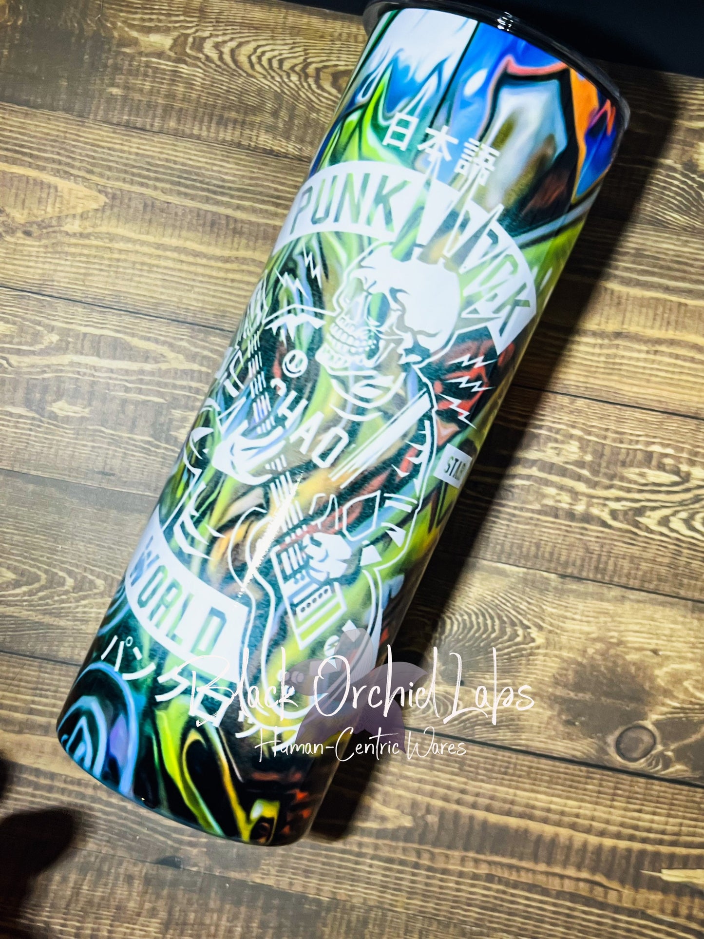 Punk Skater Skull Goth Tumbler, Goth Travel mug, neon, graffiti art, gift for him