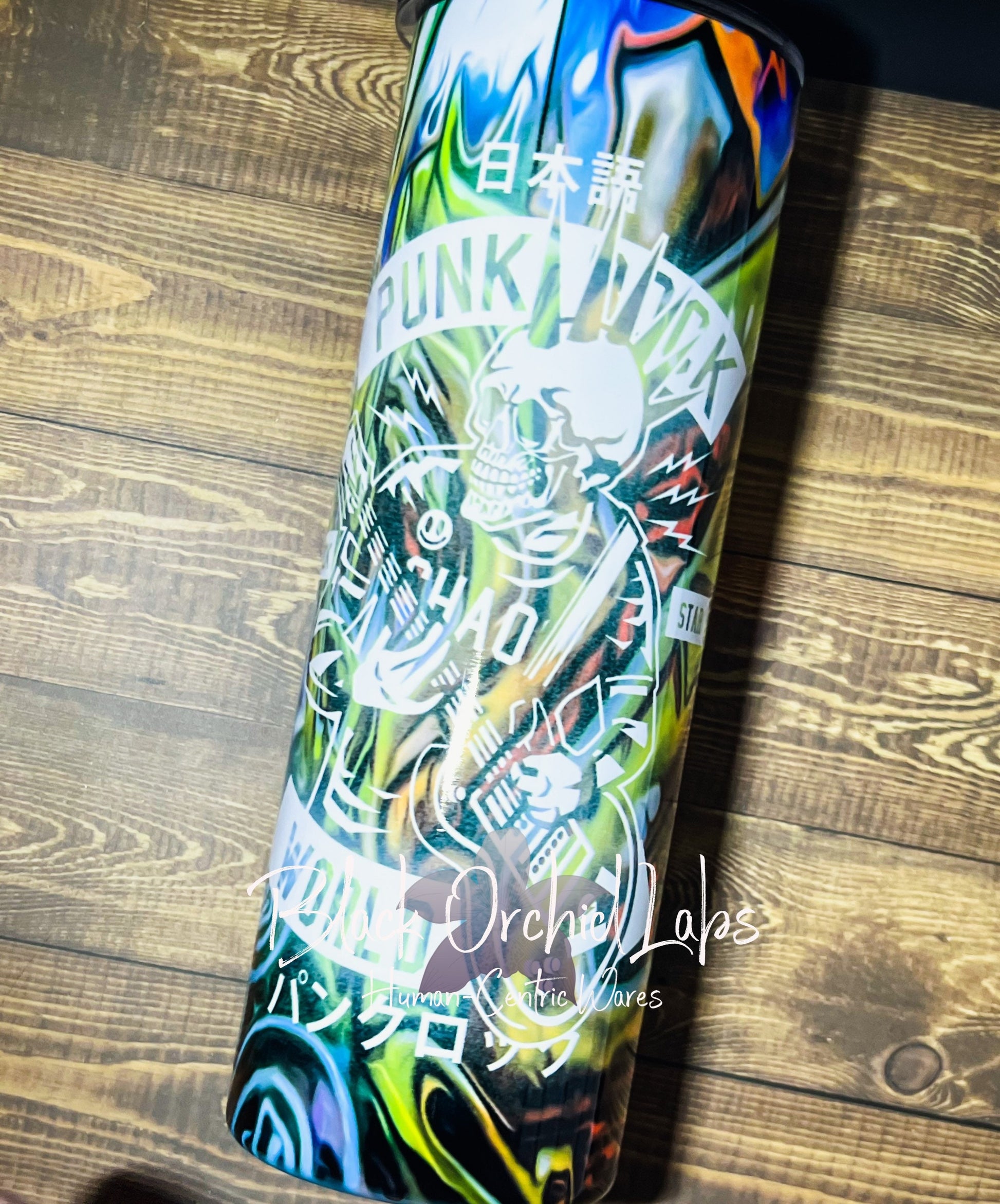 Punk Skater Skull Goth Tumbler, Goth Travel mug, neon, graffiti art, gift for him