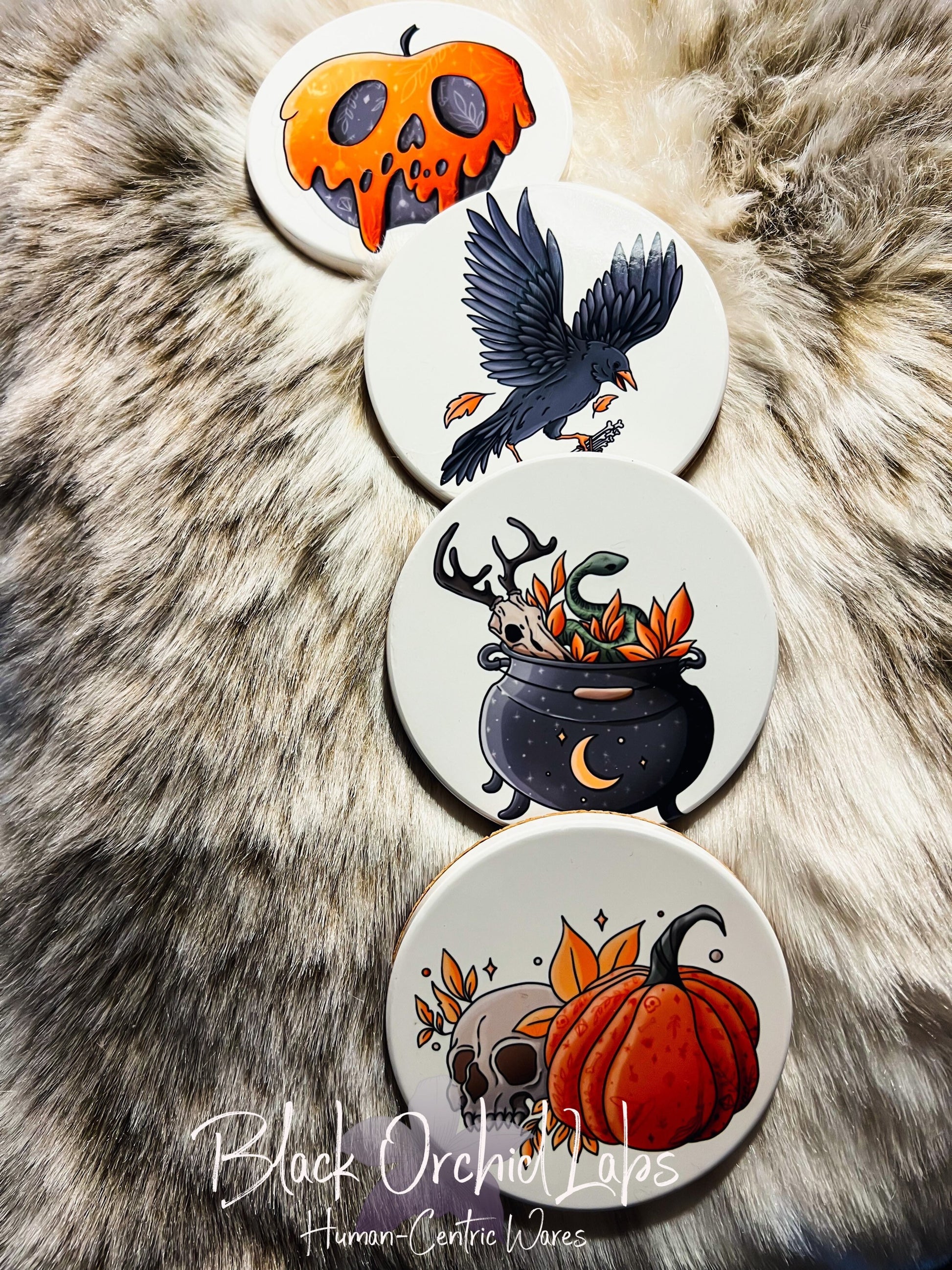 Goth Halloween Set of 4 Ceramic Coasters, Goth Coasters, Housewarming Gift, Halloween Decor, Furniture and Decor