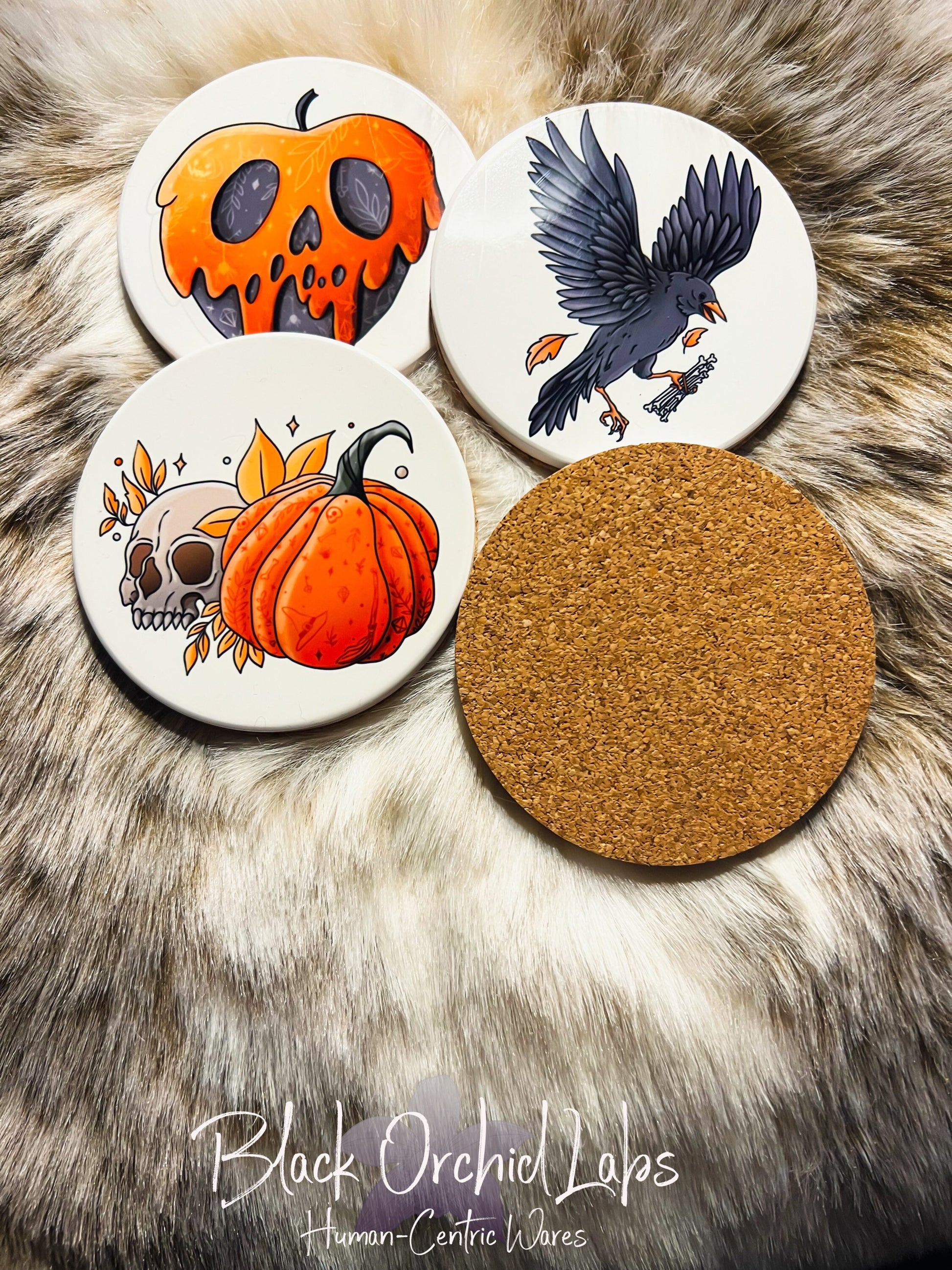 Goth Halloween Set of 4 Ceramic Coasters, Goth Coasters, Housewarming Gift, Halloween Decor, Furniture and Decor