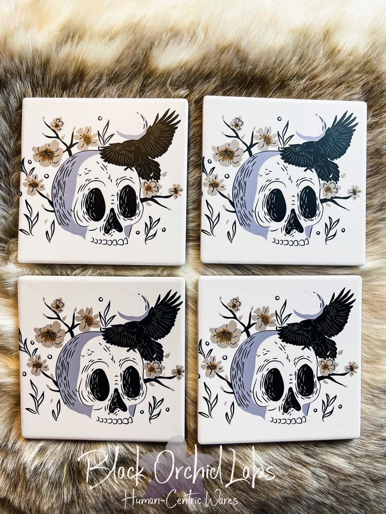 Minimalist Goth Skull Set of 4 Sandstone Coasters, Nature Goth Coasters, Housewarming Gift, Furniture and Decor, Skull decor