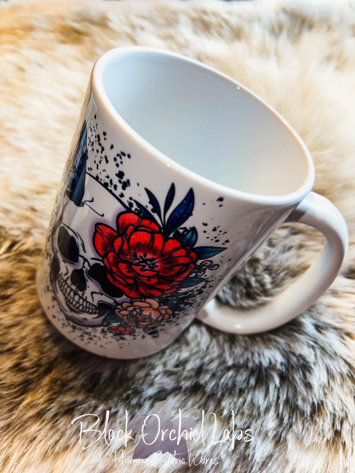 Skull floral butterfly Ceramic Coffee Mug, Goth floral Message, Coffee Cup, Ceramic 15oz large coffee mug steampunk