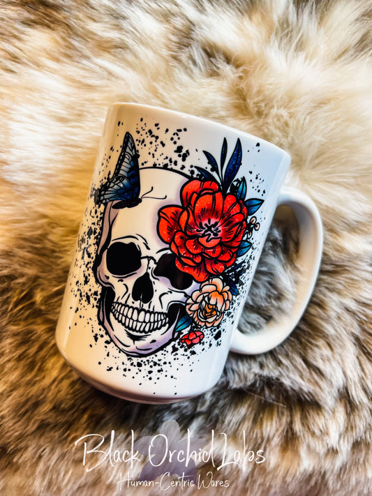 Skull floral butterfly Ceramic Coffee Mug, Goth floral Message, Coffee Cup, Ceramic 15oz large coffee mug steampunk
