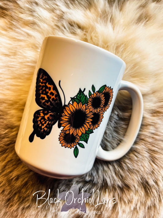 Sunflower butterfly Ceramic Coffee Mug, Boho floral Message, Coffee Cup, Ceramic 15oz large coffee mug cheetah print, leopard print