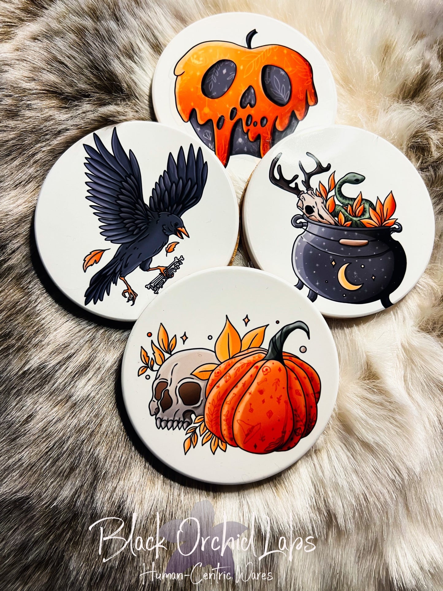 Goth Halloween Set of 4 Ceramic Coasters, Goth Coasters, Housewarming Gift, Halloween Decor, Furniture and Decor
