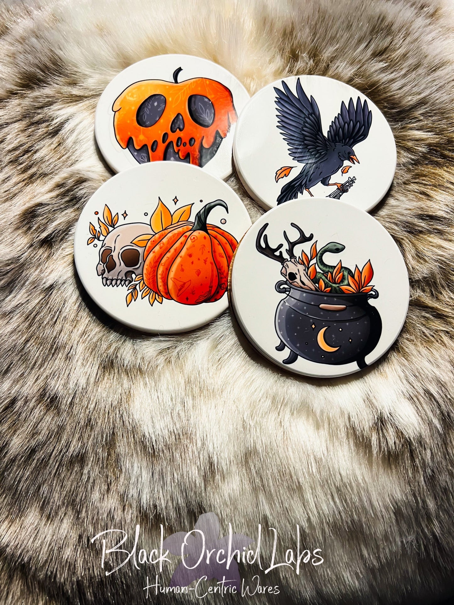 Goth Halloween Set of 4 Ceramic Coasters, Goth Coasters, Housewarming Gift, Halloween Decor, Furniture and Decor