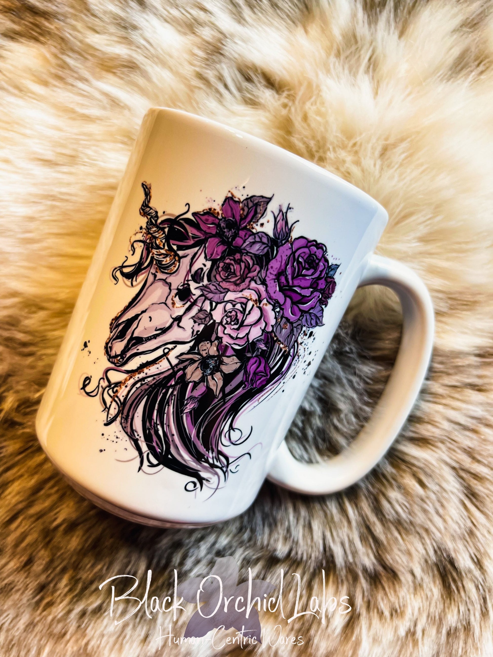 Goth Unicorn Skull floral Ceramic Coffee Mug, Goth floral Message, Coffee Cup, Ceramic 15oz large coffee mug steampunk, purple